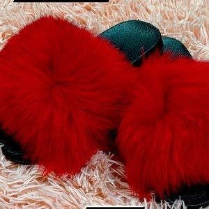 Red and Black Fur Slides, Size 9